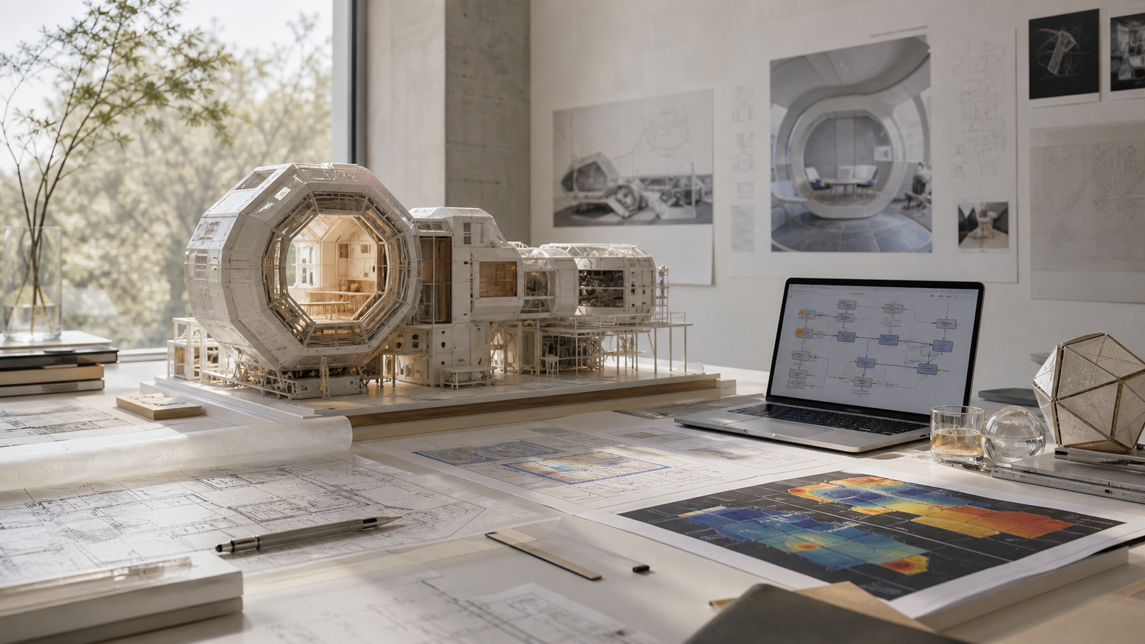 建筑模型、模拟图纸和知识图谱界面的工作室场景
